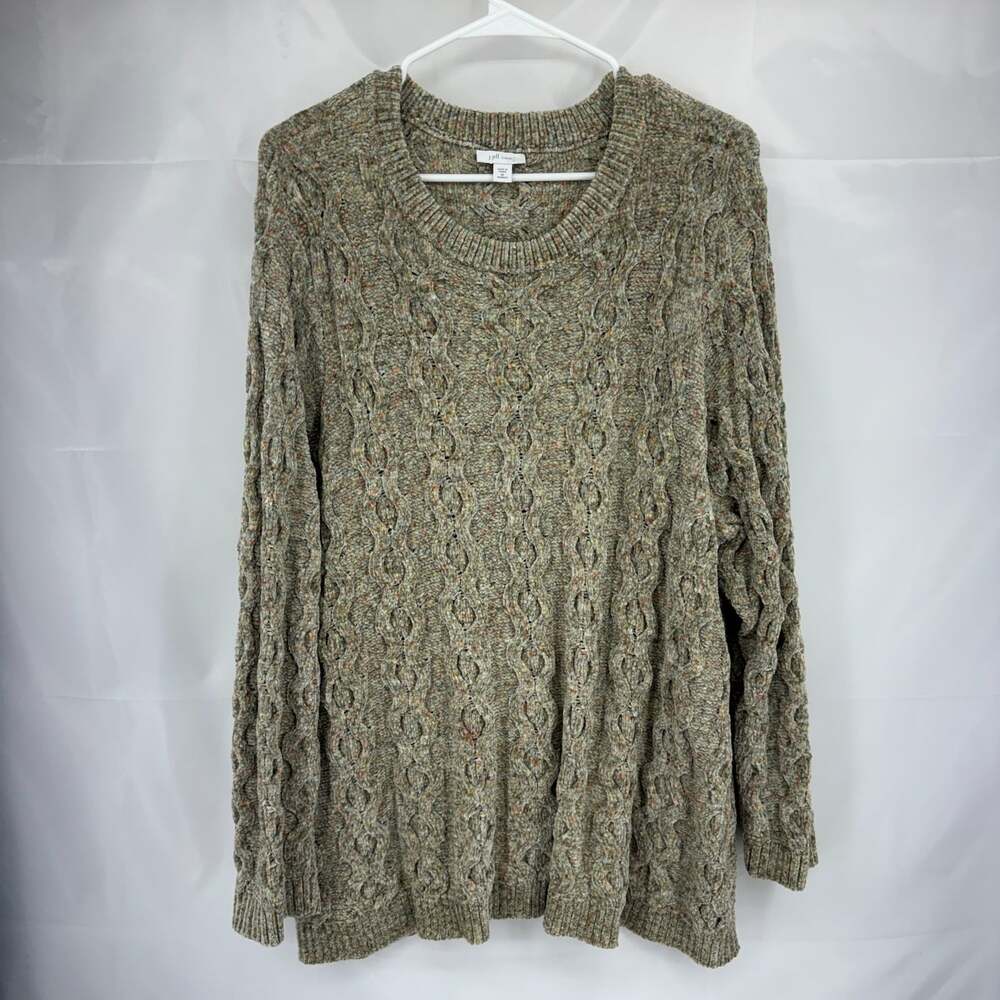 J Jill Women 3X Chenille Chunky Knit Sweater Green Speckled Soft Crew Neck Comfy